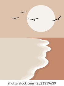 Minimalist Beach Scene with Soaring Birds and Sun for Coastal-Themed Wall Art and Home Decor