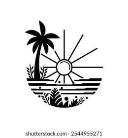 Minimalist Beach Sunset Silhouette with palm trees, sun, and ocean waves vector illustration