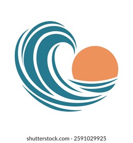 Minimalist Beach Sunset and Waves Logo Design.