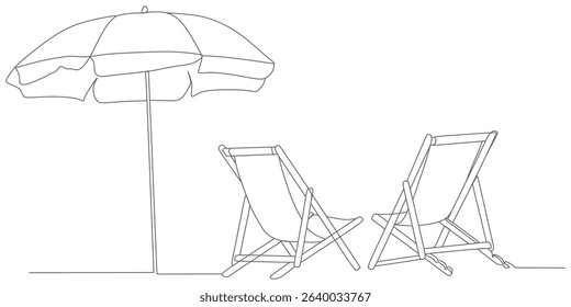 Minimalist Beach Umbrella and Deck Chairs – Continuous Line Vector Illustration