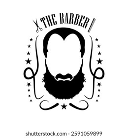 Minimalist bearded face with sleek scissors and comb forming a stylish emblem around it calligraphic brush strokes and stars