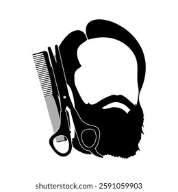 Minimalist bearded face with sleek scissors and comb forming a stylish emblem