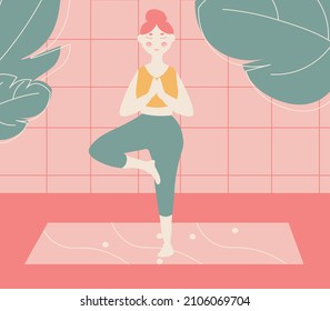 Minimalist beautiful colorful illustration of a girl who does yoga, healthy lifestyle