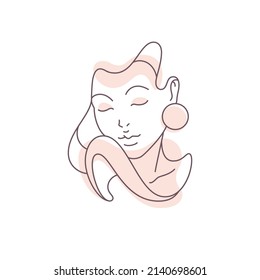 Magnífica y minimalista silueta femenina línea continua color pastel avatar moderno con diseño de arete icono de ilustración vectorial. Resumen de arte de moda mujer retrato elementos de diseño decorativo