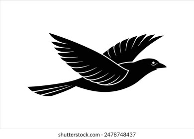 Una ilustración minimalista y hermosa de linófono de un pájaro de Grosbeak volador en silueta. Esta obra de arte de Vector negro captura la forma elegante y el movimiento elegante del ave.