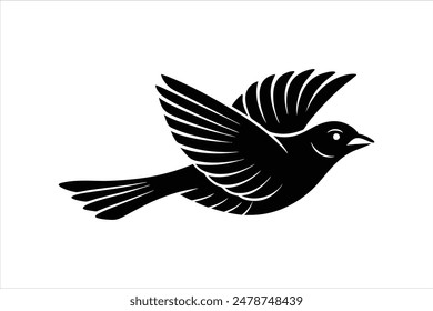 A minimalist, beautiful linocut illustration of a flying Grosbeak bird in silhouette. This black vector artwork captures the elegant form and graceful movement of the bird.