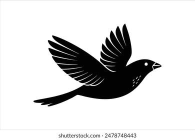 A minimalist, beautiful linocut illustration of a flying Grosbeak bird in silhouette. This black vector artwork captures the elegant form and graceful movement of the bird.