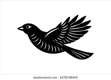 A minimalist, beautiful linocut illustration of a flying Grosbeak bird in silhouette. This black vector artwork captures the elegant form and graceful movement of the bird.