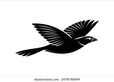 A minimalist, beautiful linocut illustration of a flying Grosbeak bird in silhouette. This black vector artwork captures the elegant form and graceful movement of the bird.