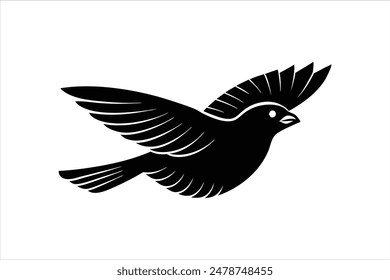 A minimalist, beautiful linocut illustration of a flying Grosbeak bird in silhouette. This black vector artwork captures the elegant form and graceful movement of the bird.