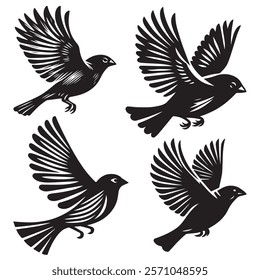 
A minimalist, beautiful linocut illustration of a flying Grosbeak bird in silhouette. This black vector artwork captures the elegant form and graceful movement of the bird.