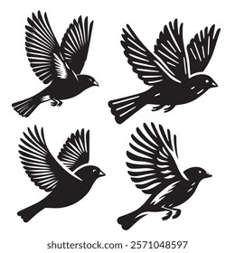 
A minimalist, beautiful linocut illustration of a flying Grosbeak bird in silhouette. This black vector artwork captures the elegant form and graceful movement of the bird.