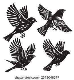 
A minimalist, beautiful linocut illustration of a flying Grosbeak bird in silhouette. This black vector artwork captures the elegant form and graceful movement of the bird.