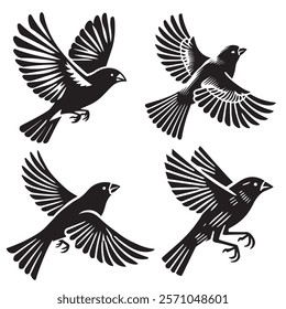 
A minimalist, beautiful linocut illustration of a flying Grosbeak bird in silhouette. This black vector artwork captures the elegant form and graceful movement of the bird.