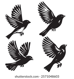 
A minimalist, beautiful linocut illustration of a flying Grosbeak bird in silhouette. This black vector artwork captures the elegant form and graceful movement of the bird.