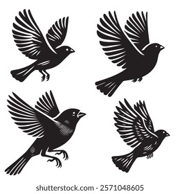 
A minimalist, beautiful linocut illustration of a flying Grosbeak bird in silhouette. This black vector artwork captures the elegant form and graceful movement of the bird.