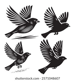 
A minimalist, beautiful linocut illustration of a flying Grosbeak bird in silhouette. This black vector artwork captures the elegant form and graceful movement of the bird.