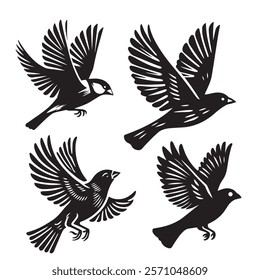 
A minimalist, beautiful linocut illustration of a flying Grosbeak bird in silhouette. This black vector artwork captures the elegant form and graceful movement of the bird.