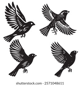 
A minimalist, beautiful linocut illustration of a flying Grosbeak bird in silhouette. This black vector artwork captures the elegant form and graceful movement of the bird.