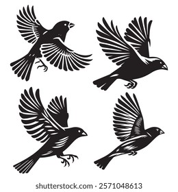 
A minimalist, beautiful linocut illustration of a flying Grosbeak bird in silhouette. This black vector artwork captures the elegant form and graceful movement of the bird.