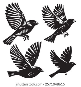 
A minimalist, beautiful linocut illustration of a flying Grosbeak bird in silhouette. This black vector artwork captures the elegant form and graceful movement of the bird.