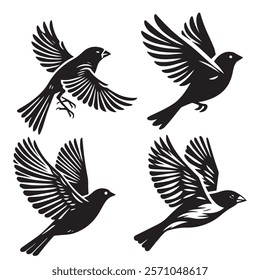 
A minimalist, beautiful linocut illustration of a flying Grosbeak bird in silhouette. This black vector artwork captures the elegant form and graceful movement of the bird.