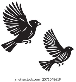 
A minimalist, beautiful linocut illustration of a flying Grosbeak bird in silhouette. This black vector artwork captures the elegant form and graceful movement of the bird.