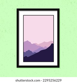 Minimalist beautiful purple hill landscape for wall decoration frames isolated on green color background.