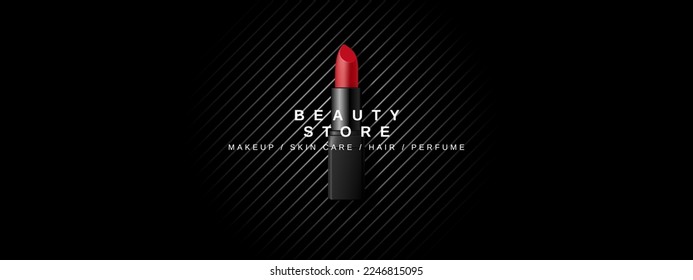 Minimalist beauty banner for online store. Advertising poster template with realistic red lipstick in plastic case isolated on black striped background. 3d vector illustration.