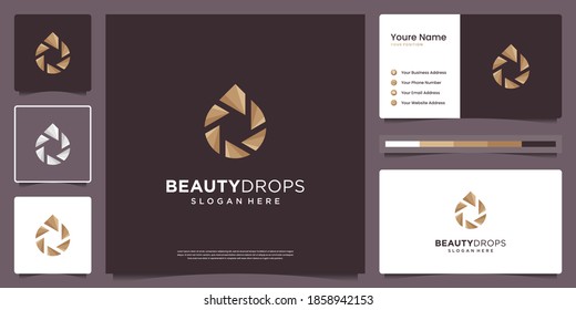 Minimalist beauty gold water drop and olive oil white photography symbol logo and business card design