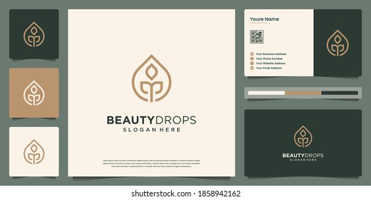 Minimalist beauty gold water drop and olive oil white minimal leaf line art logo and business card design