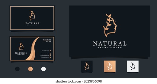 Minimalist beauty logo design with combination leaf and face and business card Premium Vector