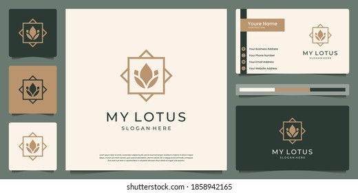 Minimalist beauty lotus flower with frame luxury logo and business card design