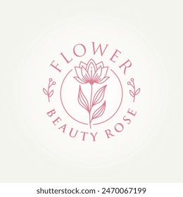 minimalist beauty rose flower and botanical leaf branch line art label logo badge vector illustration design. simple modern beauty salon, boutique, florist logo concept