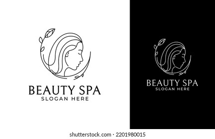 Minimalistisches Design des Beauty Spa-Logos. Frauen Gesicht und Haar Symbol mit Pflanzen und Natur. Schönheitspflege, Vektorgrafik