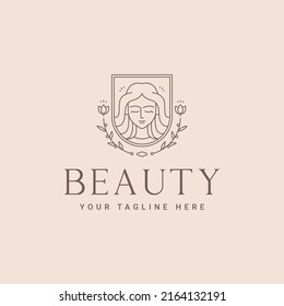 minimalist beauty woman's face flower badge line art icon logo template vector illustration design. simple feminine logo with nature concept for spa, massage, beauty salon, and cosmetic
