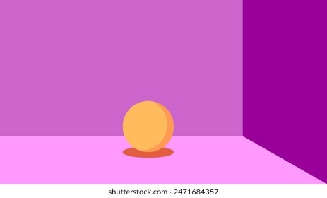The minimalist beckground, modern illustration of a room with three walls in varying shades of purple. The floor is light pink, and a yellow-orange sphere with a small shadow rests in the center