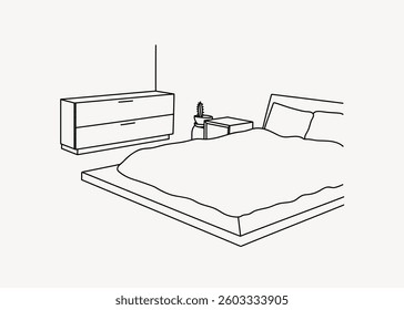 Minimalist bedroom illustration with a bed, dresser, and side table. Simple lines and clean design. Bedroom decor in a minimalist style. Doodle illustration vector.