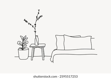 Minimalist bedroom line art. Simple lines, minimalist decor. Bedroom features plant, vase, and bed. Minimalist design, clean lines, serene bedroom art. Doodle illustration vector.