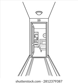 Minimalist bedroom viewed through an open doorway with number 23