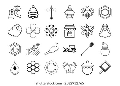  Minimalist bee farm icons set featuring honeycomb, hives, and bees, perfect for agriculture designs.