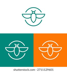 A minimalist bee icon is displayed in a circle against three different backgrounds. The linear style bee is depicted with wings spread. Colors include green, orange, and white. The artwork presents a modern and clean design suitable for various design applications. It can be used for branding, advertising, and editorial contexts.