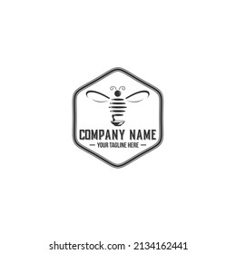 Minimalist bee logo in hexagon frame vector graphic design for brand identity