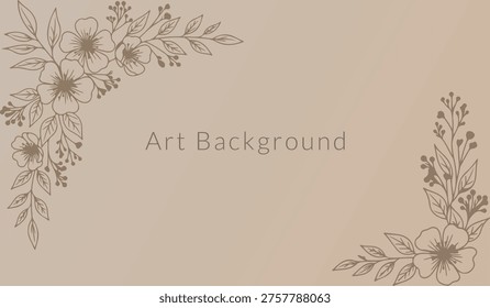 Minimalist beige background with detailed hand drawn flower corners and decorative leaf vector illustration elements