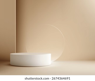 minimalist beige background with white round podium and subtle transparent circle created for elegant product display modern showroom presentation or branding showcase scene