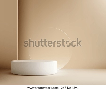 minimalist beige background with white round podium and subtle transparent circle created for elegant product display modern showroom presentation or branding showcase scene