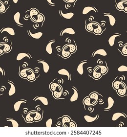 Minimalist beige dog faces on dark brown background. Vector seamless pattern.