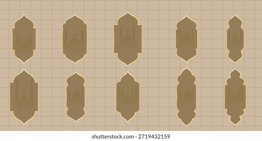Marcos de arco islámico beige minimalista con sutiles siluetas de mezquita sobre un fondo de cuadrícula, ideales para elegantes Anuncios de Web, invitaciones y publicaciones en redes sociales religiosas.