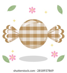 Minimalist beige pastel gingham wrapped candy with a flower and leaf gimmick. Perfect for caramel or coffee flavor sweet themes. Flat vector art