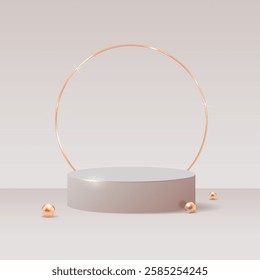 Minimalist beige podium with a golden circular frame, designed for product display, branding, advertising. for marketing materials, presentations, and luxury product showcases. Vector illustration